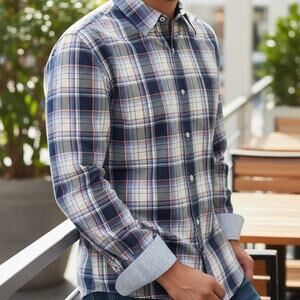 J. McLaughlin Contrast Collar Flip Cuff Shirt Men XL Navy Red Plaid Check